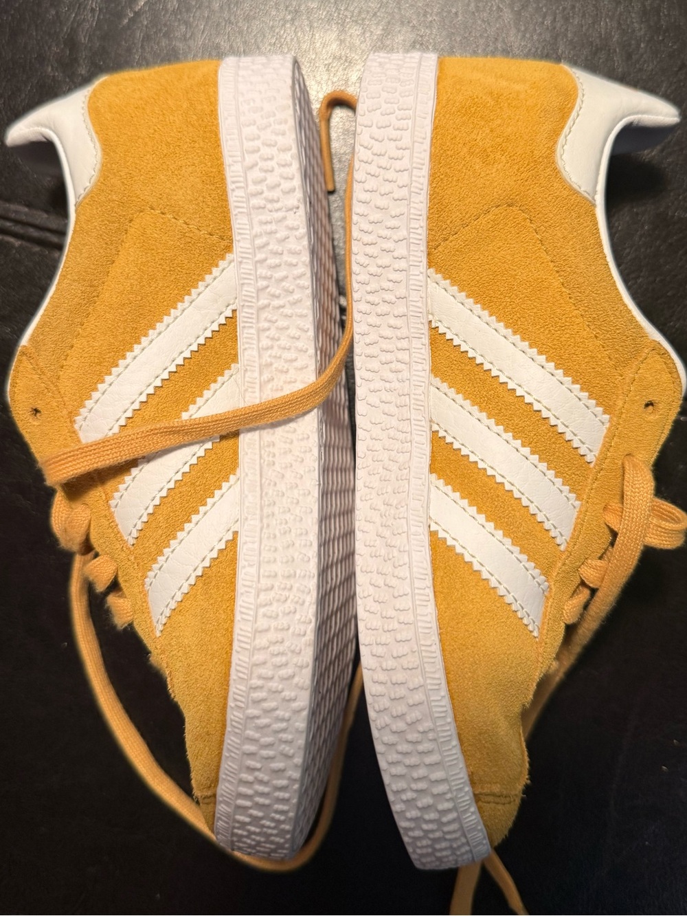 adidas Kids Yellow Gazelle Suede Sneakers with White Stripes Ortholite SAMPLE